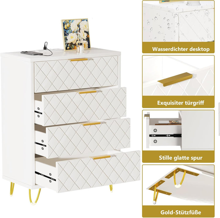 Nachttisch Weiss mit Ladestation, Nachtschrank mit 4 Schublade, 2 AC-Steckdosen, 2 USB-Anschlüsse, M