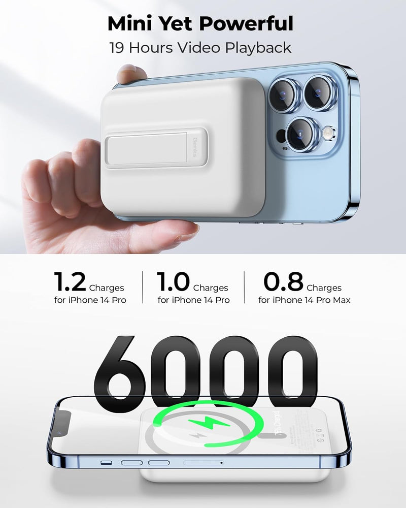 BENKS Magsafe Powerbank 6000mAh, Magnetische Kabellose Powerbank mit Faltbarem Ständer, Mini Power B