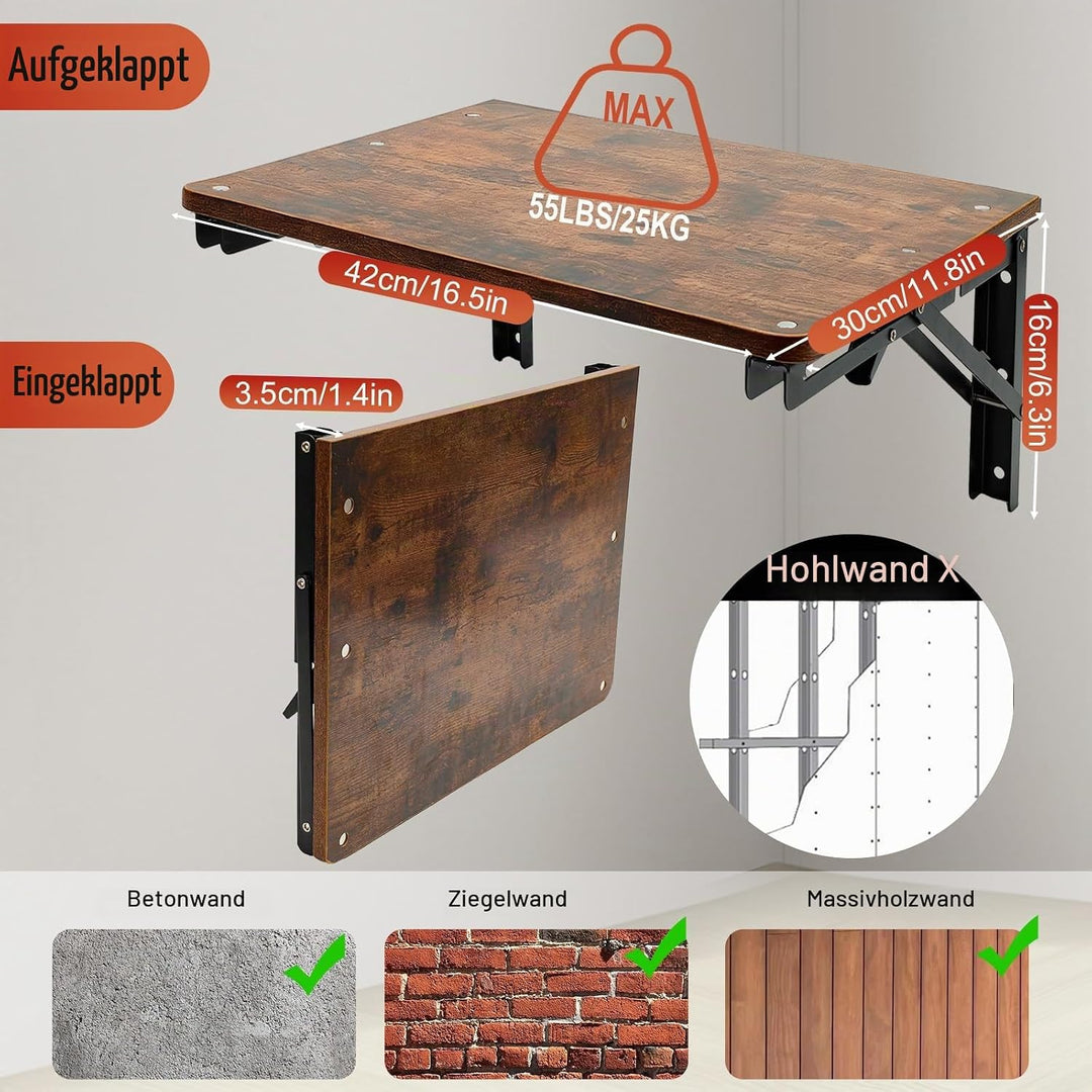 Klapptisch Wand Holz, Wandregal Faltbar für Kleine Räume, Schweberegal für Büro, Wohnzimmer, Schlafz
