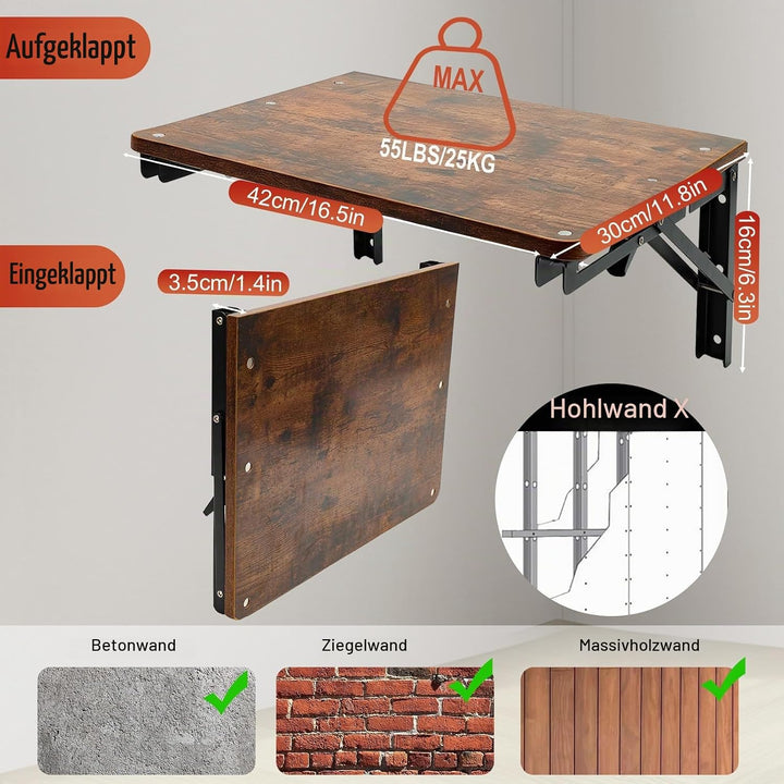 Klapptisch Wand Holz, Wandregal Faltbar für Kleine Räume, Schweberegal für Büro, Wohnzimmer, Schlafz