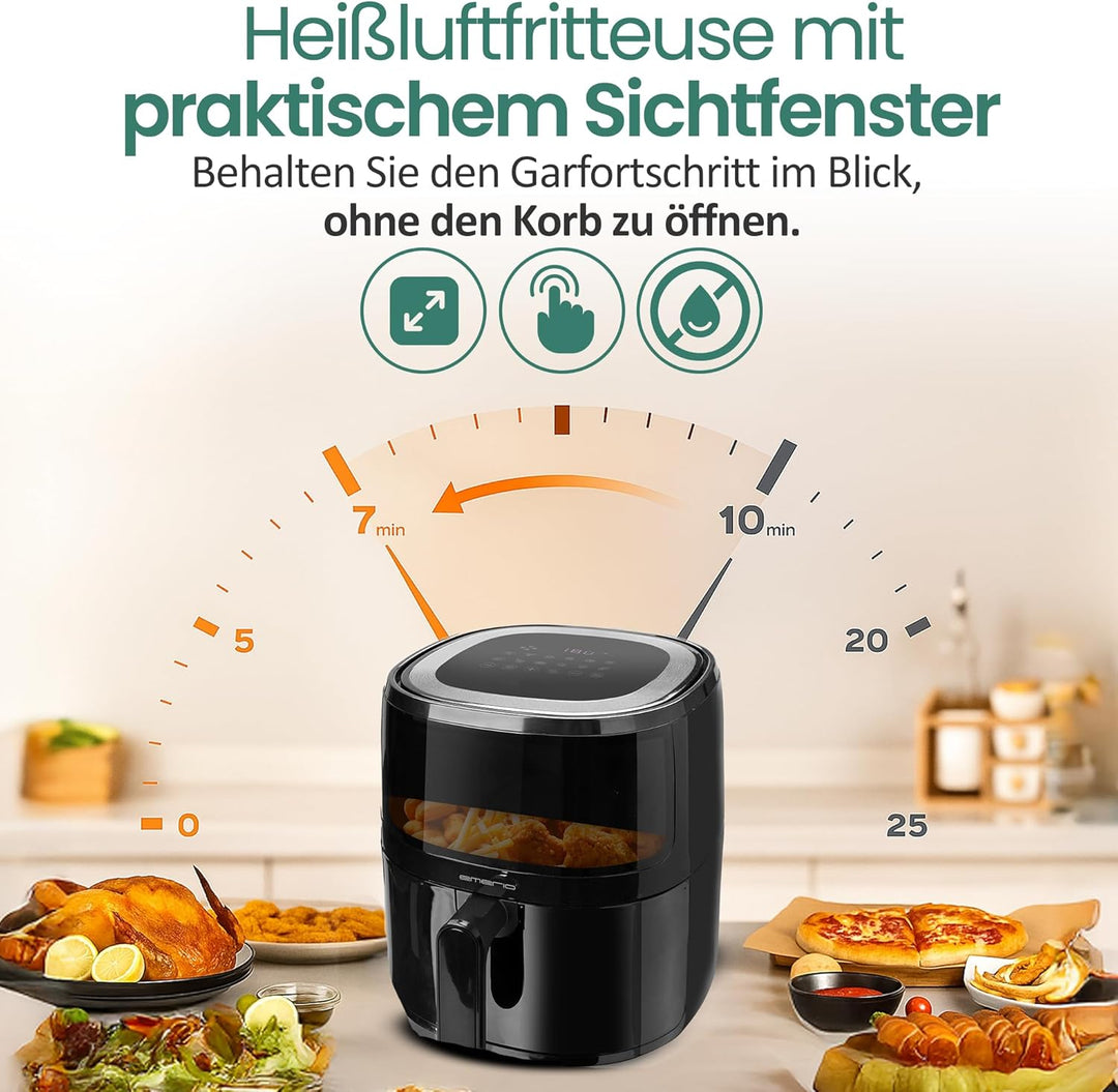 Emerio AF-129329.3 AirFryer, digitale Heissluftfritteuse mit Sichtfenster, 5 l Volumen, 1500 W, Schw