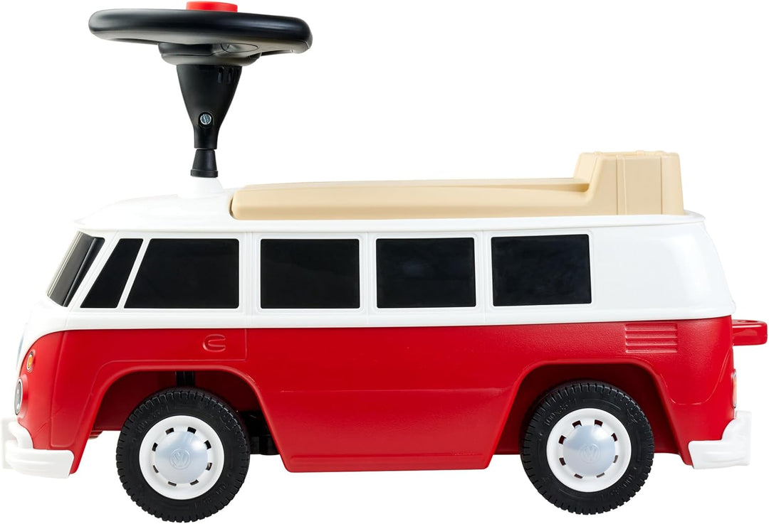 BIG – Bobby Car Baby VW T1 (rot-weiss) - Kinderfahrzeug mit Flüsterreifen, Hupe & Anhängerkupplung -