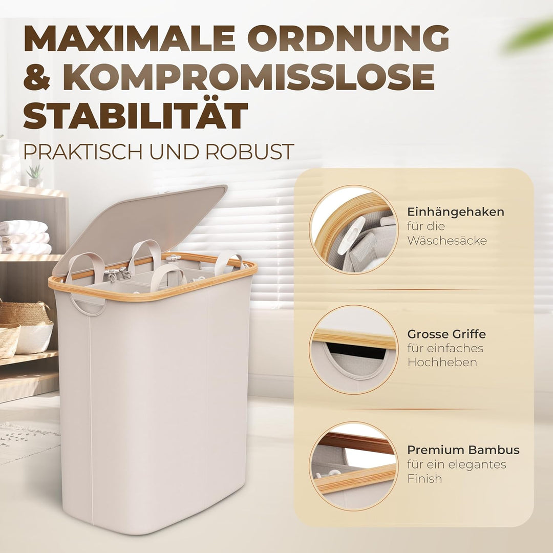 Wäschekorb 2 Fächer mit 1 Deckel 150 Liter Bambus-Stoff Beige Gross XXL - Wäsche Sortiersystem Wäsch