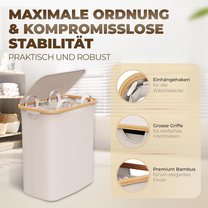 Wäschekorb 2 Fächer mit 1 Deckel 150 Liter Bambus-Stoff Beige Gross XXL - Wäsche Sortiersystem Wäsch