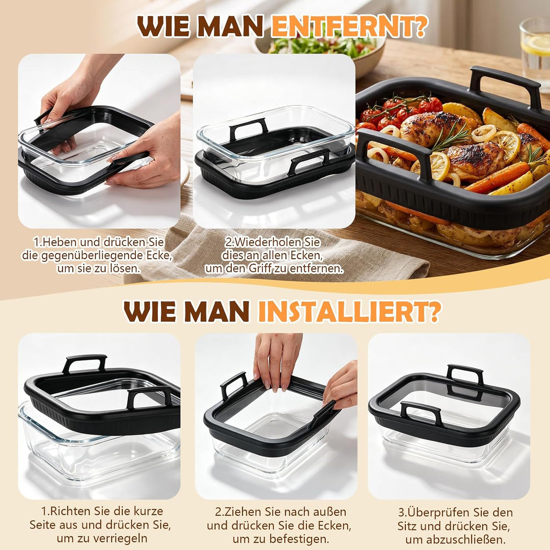 Glas-Auflaufform Airfryer mit Deckel, BPA-frei Glasform für Airfryer mit Abnehmbaren Silikongriffen,
