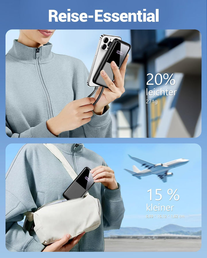 Power Bank 26800mAh, Tragbares Ladegerät mit 3 Anschlüssen & 2 integrierten Kabeln, USB C Schnelllad