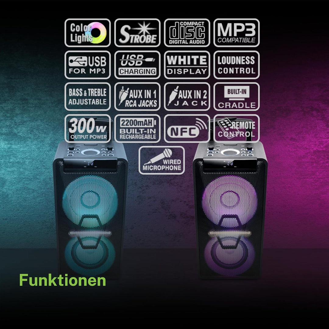 Muse DJ PA-Anlage mit Akku, 300 Watt, mit CD, Bluetooth und Licht-Effekten (USB, AUX, Mikrofon, Fern