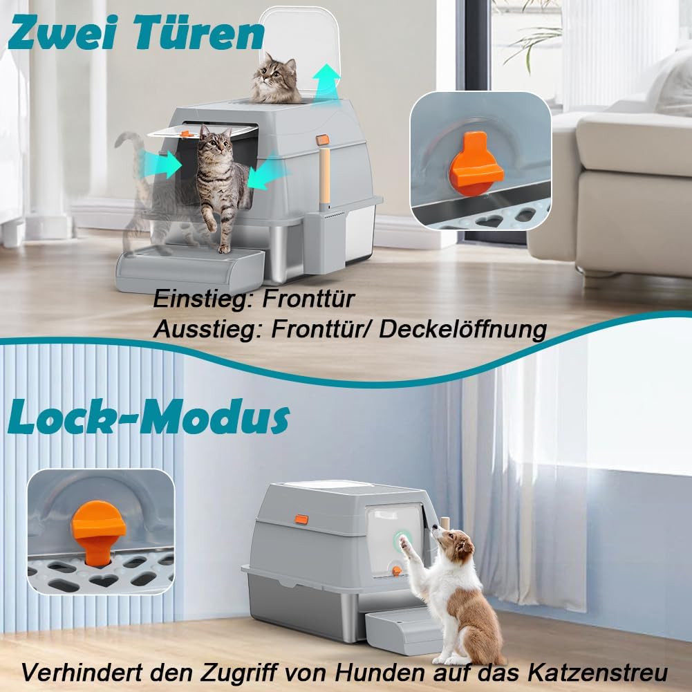 Katzenklo Edelstahl XL, Gross Edelstahl Katzentoilette mit Deckel, Stainless Steel Cat Litter Box, G