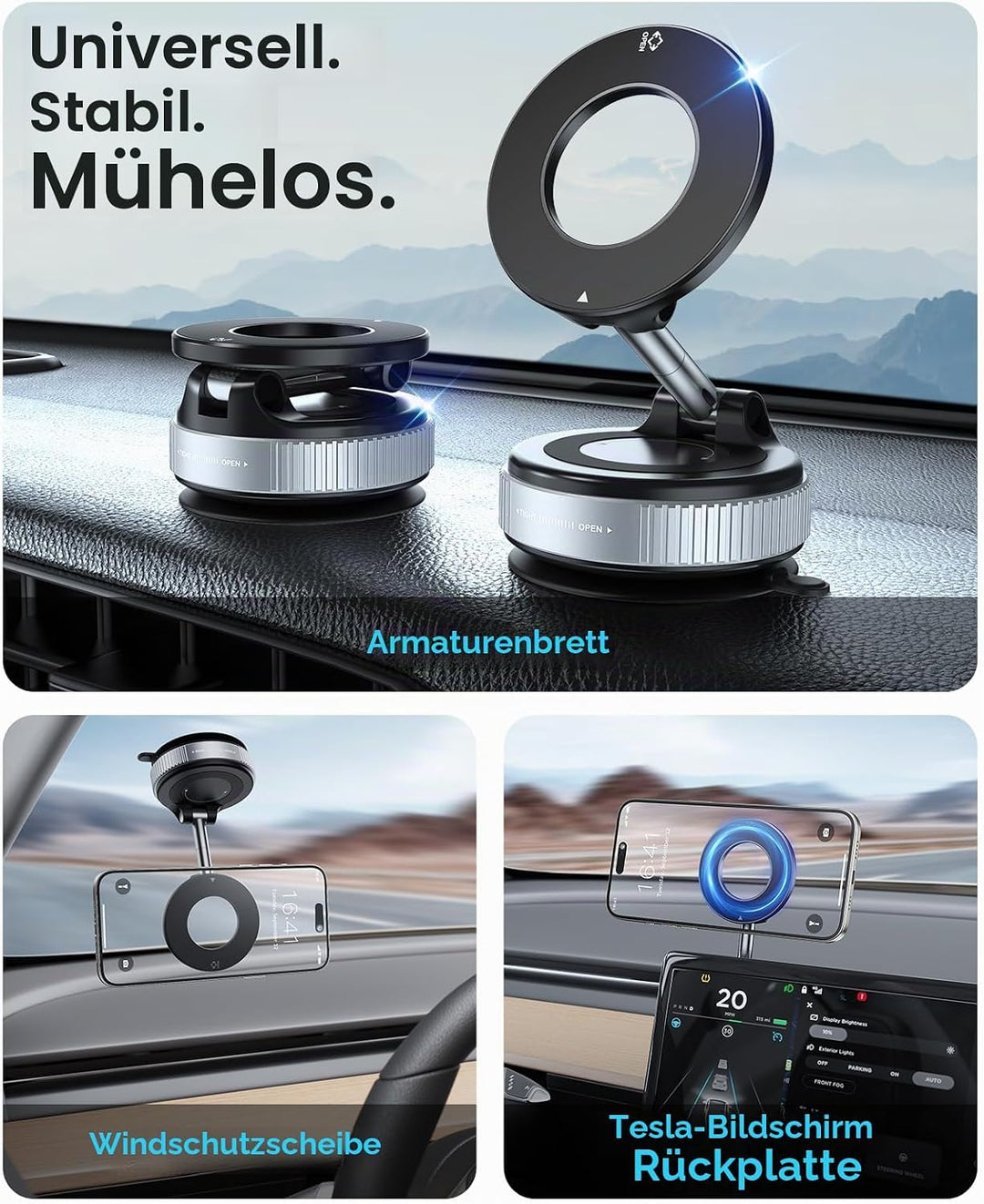 Magnetische Handyhalterung fürs Auto – Silber, mit Nano-Gel Saugnapf, 360° Verstellbar &amp; Faltbar, ko