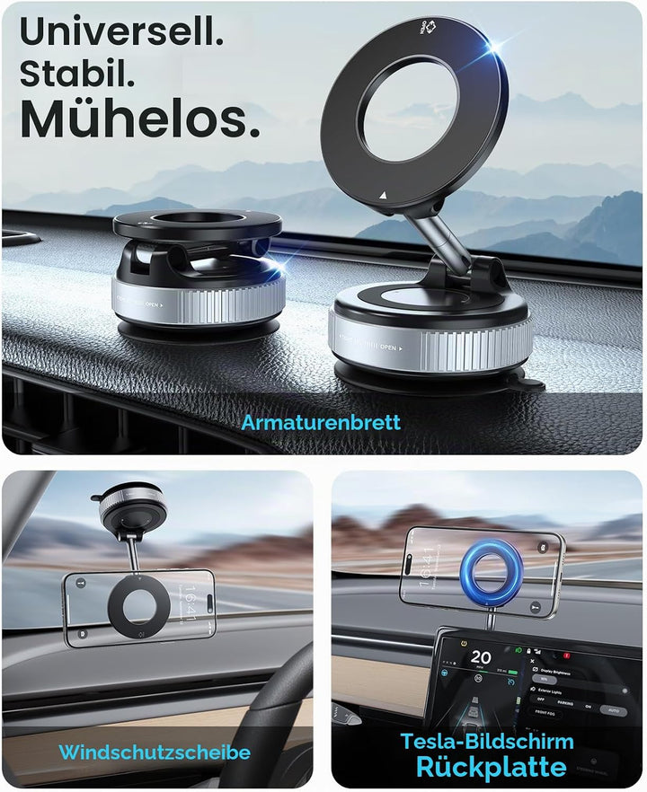 Magnetische Handyhalterung fürs Auto – Silber, mit Nano-Gel Saugnapf, 360° Verstellbar &amp; Faltbar, ko