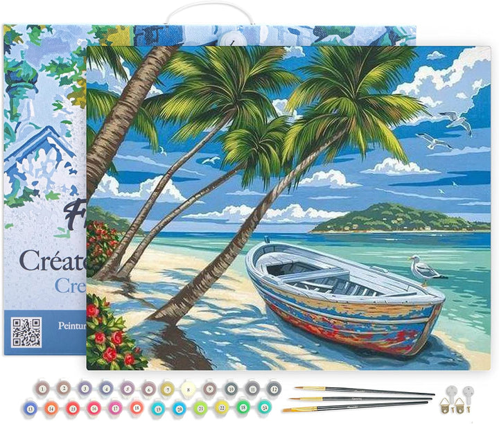 Figured'Art Malen Nach Zahlen Erwachsene Mit Rahmen Boot unter den Palmen - Paint by Numbers Basteln