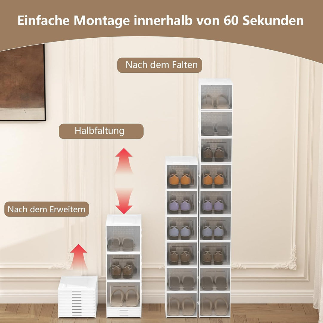 Faltbare Schuhboxen 9er Set, Stapelbar & Platzsparend, Transparente Klapptür, Stabiler Kunststoff Sc