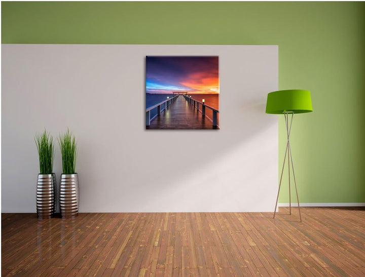 Moderner Holzsteg ins Meer, Format: 70x70 auf Leinwand, XXL riesige Bilder fertig gerahmt mit Keilra