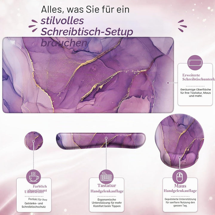 iCasso Schreibtischmatte, Gaming-Mauspad, Handgelenkstützen-Set, 4-in-1 XXL, Computer, lila Marmor 1