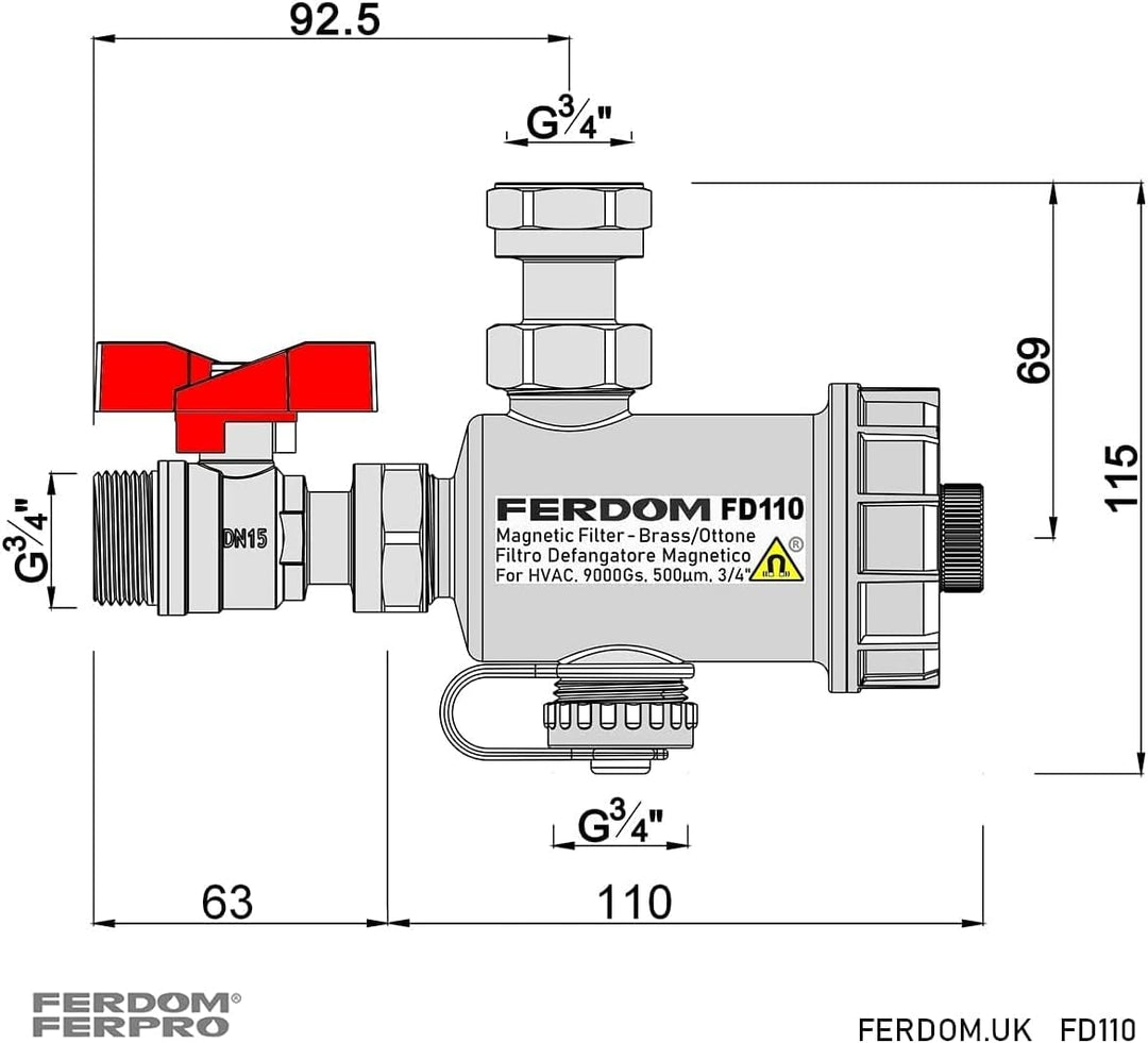 FERDOM FD110 Kompakt Magnetische Filter für Zentralheizung. Mit Nicht Magnetischem Schlammabscheider
