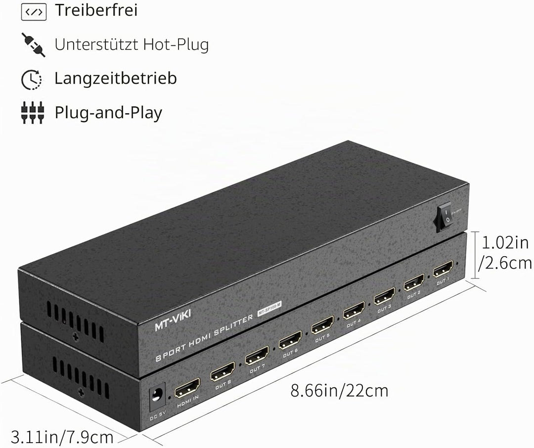 MT-VIKI 1x8 HDMI Splitter 1 in 8 Out Gleichzeitig HDMI Splitter 8 Monitore Mirror Unterstützt 4K HD