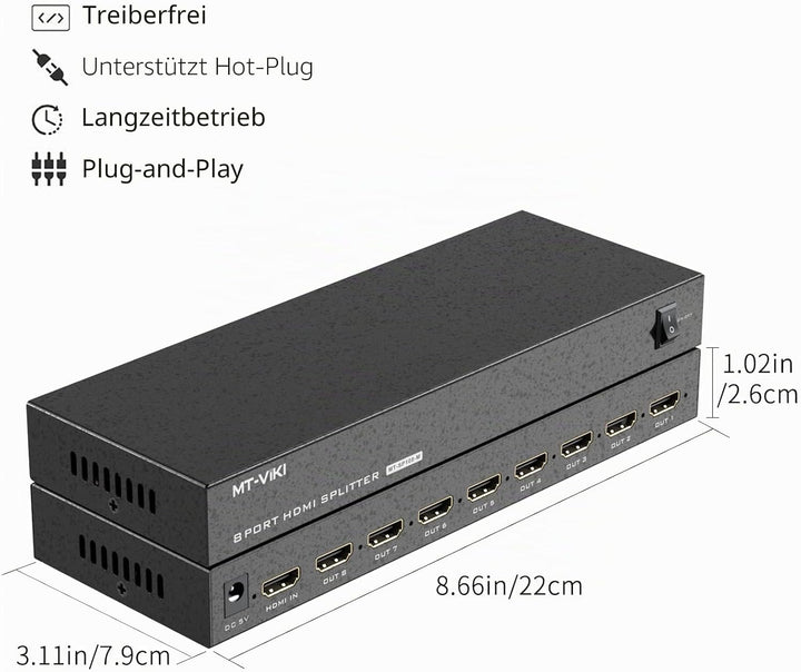 MT-VIKI 1x8 HDMI Splitter 1 in 8 Out Gleichzeitig HDMI Splitter 8 Monitore Mirror Unterstützt 4K HD