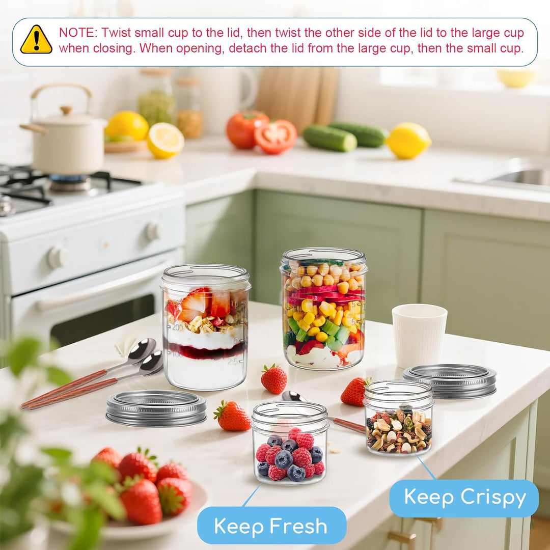 4er Overnight Oats Gläser 400ml+100ml, Joghurtbecher to go mit Doppelschicht-Design und Edelstahlöff