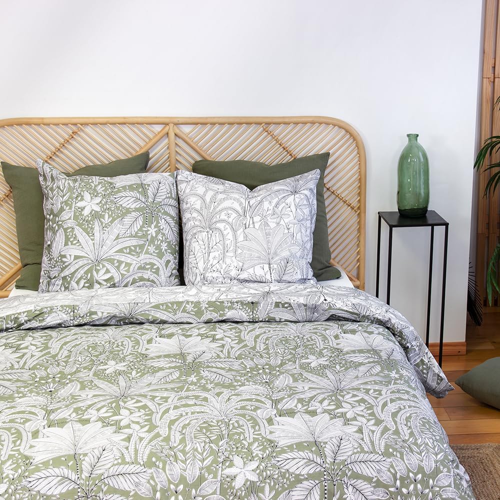 CÔTE DECO Bettwäsche, 220 x 240 cm, geometrisch und Blumen grün – 3-teilig | 1 Bettbezug für Erwachs