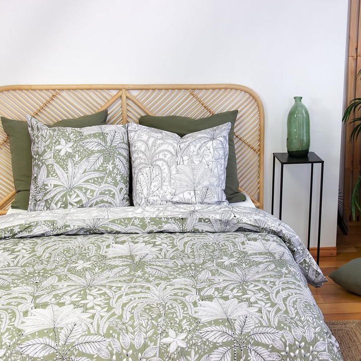 CÔTE DECO Bettwäsche, 220 x 240 cm, geometrisch und Blumen grün – 3-teilig | 1 Bettbezug für Erwachs