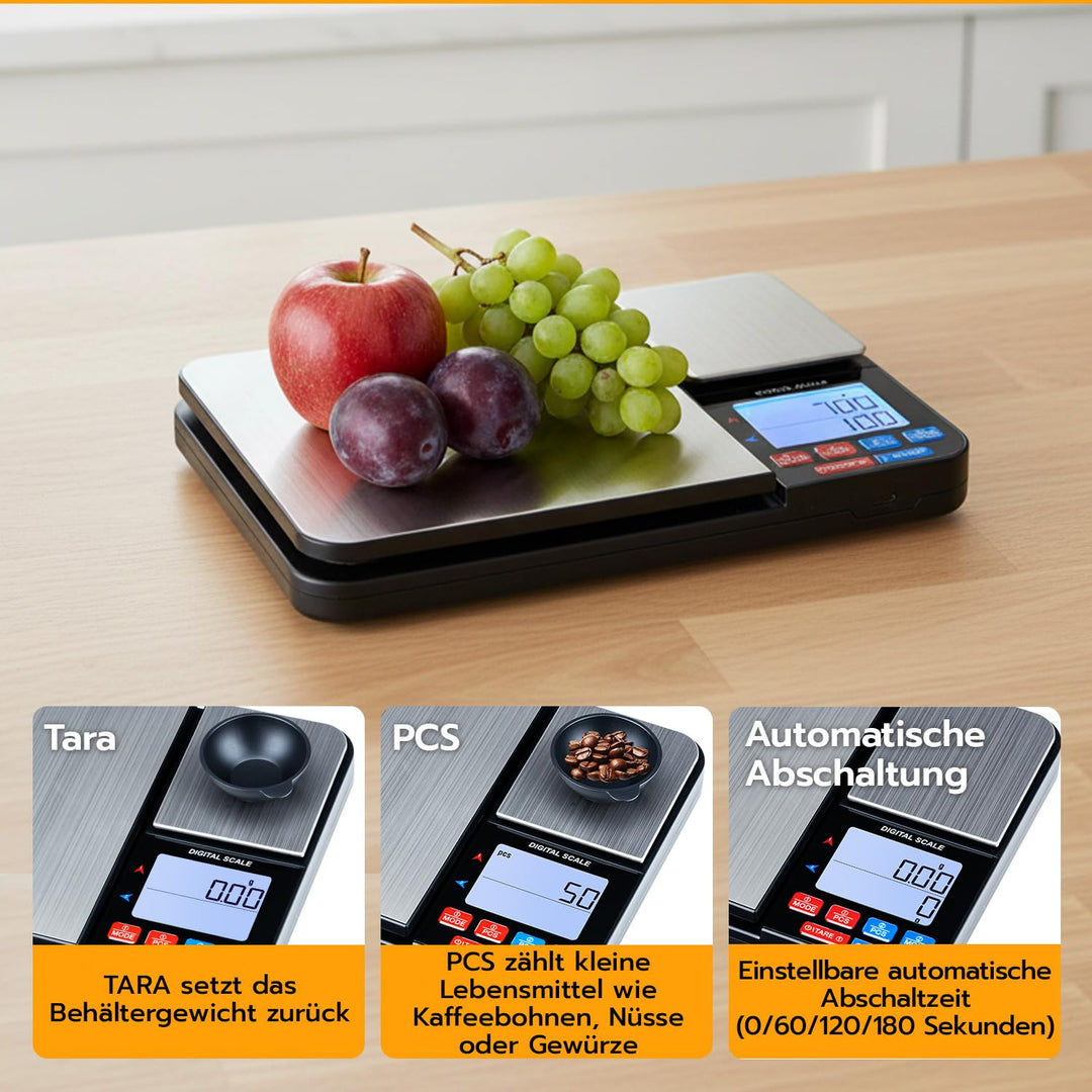 Digitale Küchenwaage mit 2 Plattformen,USB Wiederaufladbar – 10kg/1g & 500g/0,01g Dual Plattform Prä