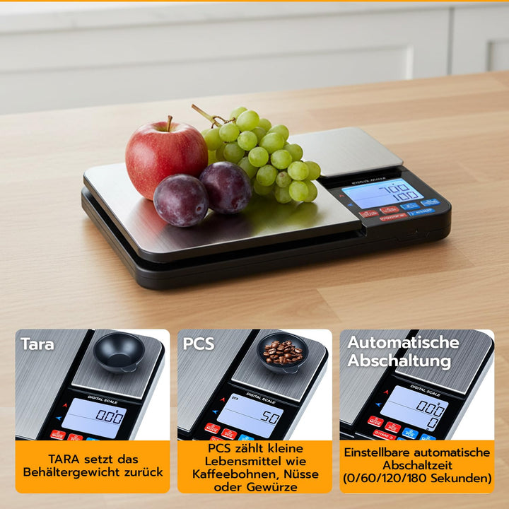 Digitale Küchenwaage mit 2 Plattformen,USB Wiederaufladbar – 10kg/1g & 500g/0,01g Dual Plattform Prä