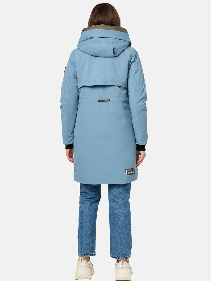 Navahoo Damen Mantel Lange warme Winter Steppjacke mit Kapuze Snowelf XS-XXL S Powder Blue, S Powder