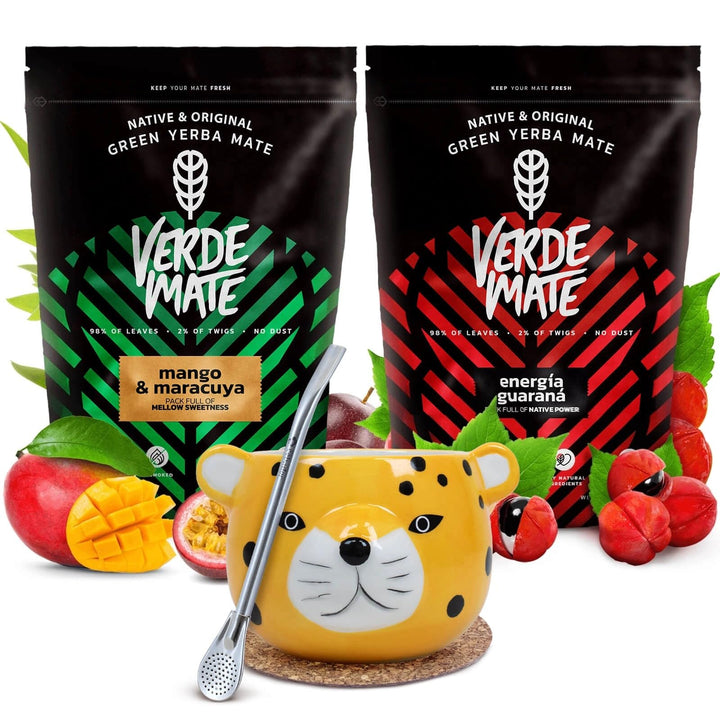 Mate Tee Verde Mate Set - Yerba Mate nergia Guarana und Mango Maracuya - Keramik Mate Becher Yaguar