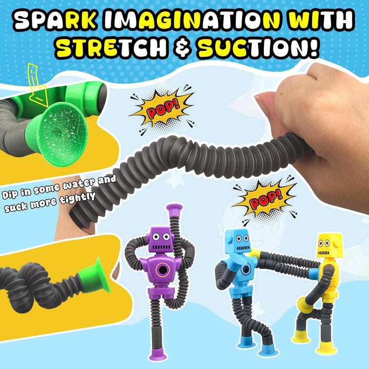 12 Stück Roboter-Saugnapf-Fidget-Poptubes - Transformierbares Teleskopspielzeug für Reisen, Sinnespi