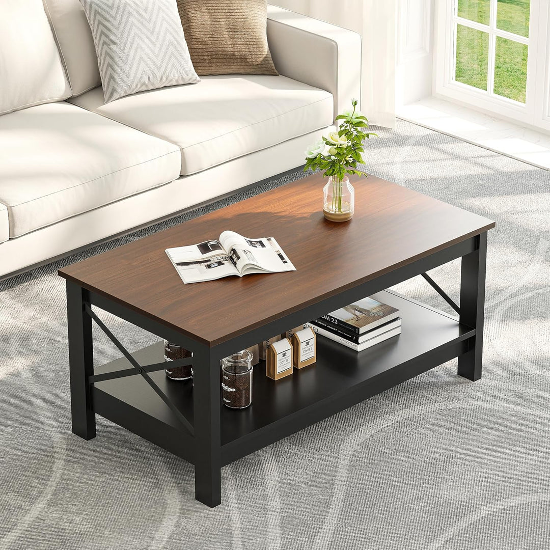 YITAHOME Couchtisch, Wohnzimmertisch, 2-stöckiger Dicker Holz Rechteckiger Couchtisch, X-Form Metal
