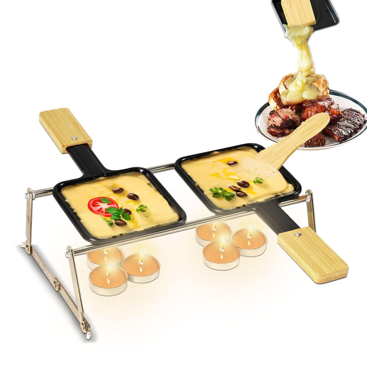 Tragbares Mini Raclette Set für 2 Personen, 2 Antihaft Pfännchen mit Bambusgriff, 2 Bambusspatel, Kl