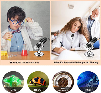 USB-Mikroskop-Kamera, 40x bis 1000x, Digitales Mikroskop mit Metallständer und Tragetasche, Kompatib
