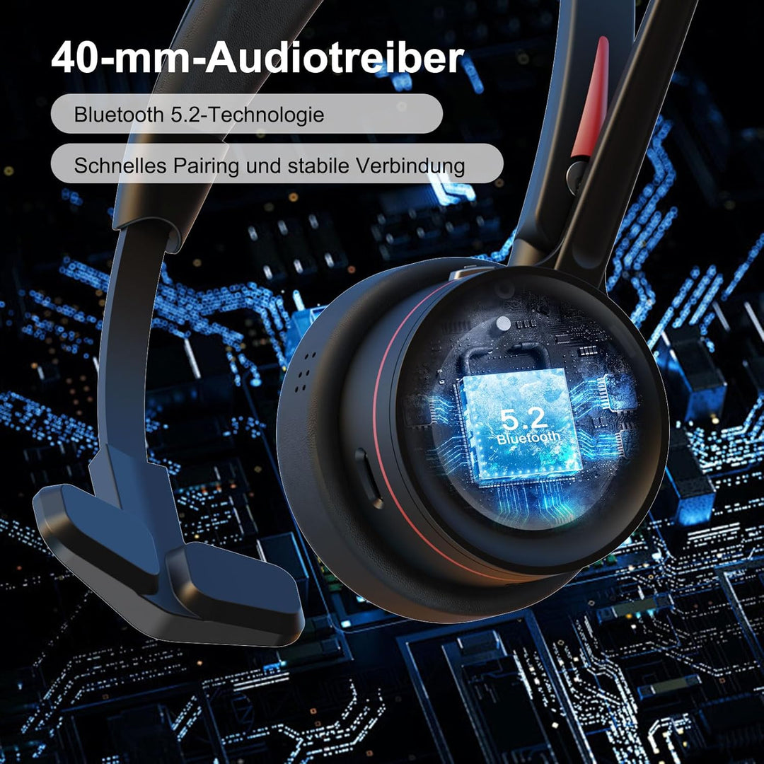 Beebang Bluetooth Headset mit Mikrofon für PC, Wireless Headset mit USB Adapter & Ladestation, 40 St