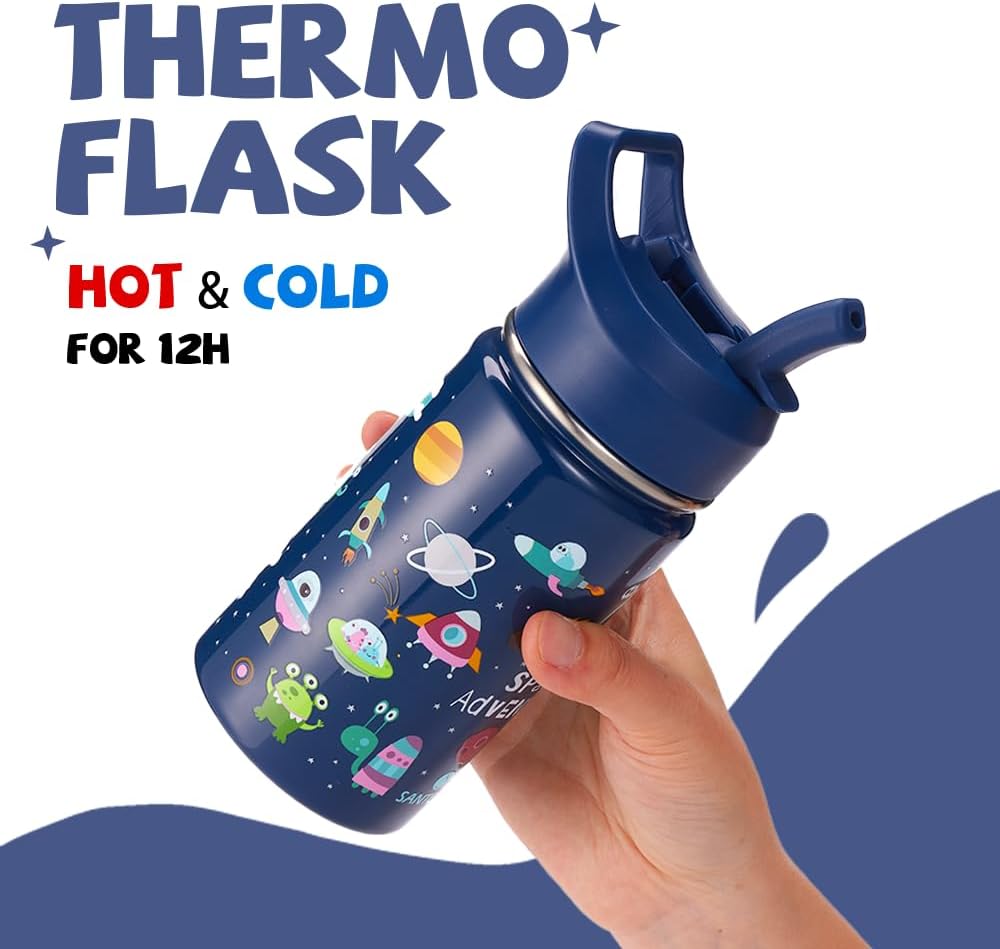 SANTECO Trinkflasche Kinder Edelstahl 500ml mit Strohhalm, Kinder Thermosflasche BPA-frei Wasserflas