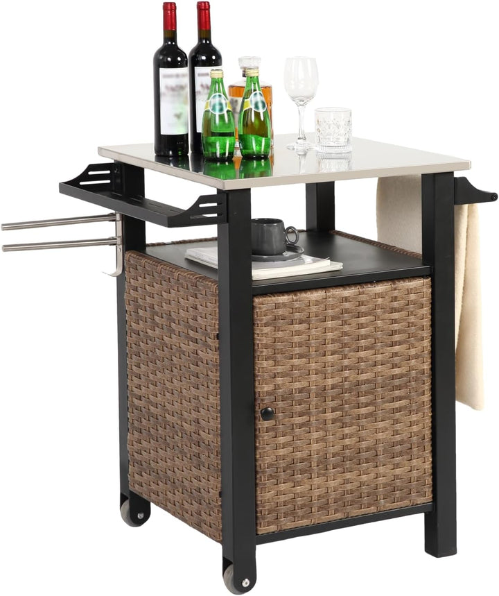 Rollbarer Rattan-Servierwagen mit ausziehbarer Edelstahl-Tischplatte, Kücheninsel für Outdoor mit Sc