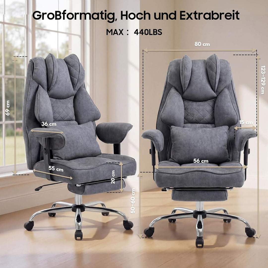 Bürostuhl Ergonomisch 200kg Belastbar XXL Chefsessel mit Fussstütze, Schreibtischstuhl Wildlederimit
