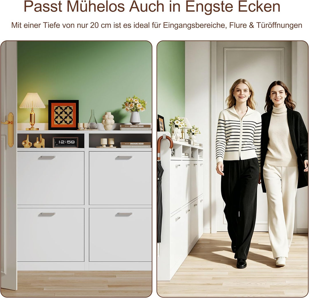 Schuhschrank mit 4 Klappen 20 cm Ultradünn,bis Grösse EU47 Passen, Schuhregal Schmaler aus Holz mit