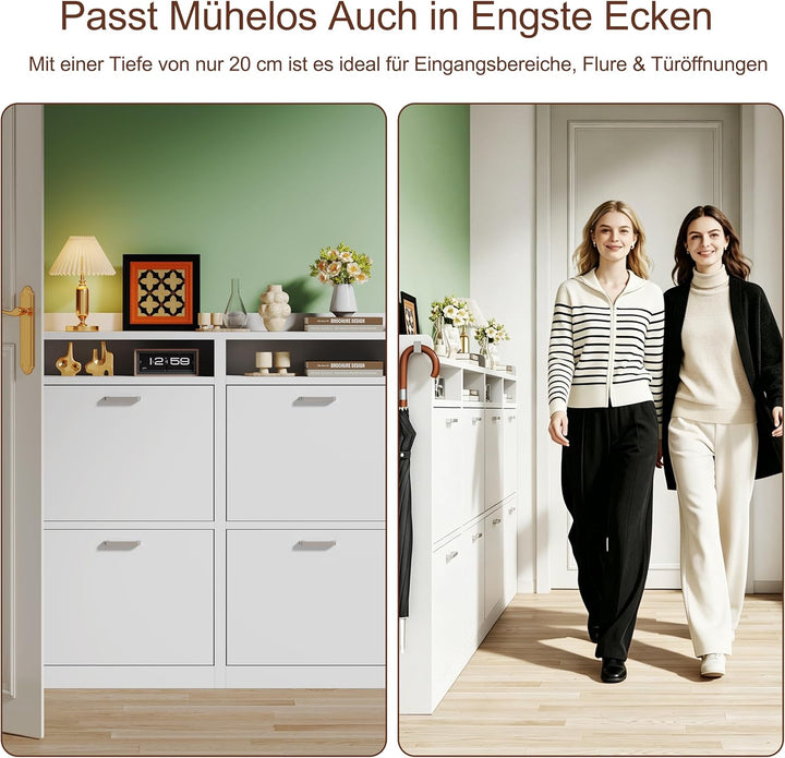 Schuhschrank mit 4 Klappen 20 cm Ultradünn,bis Grösse EU47 Passen, Schuhregal Schmaler aus Holz mit