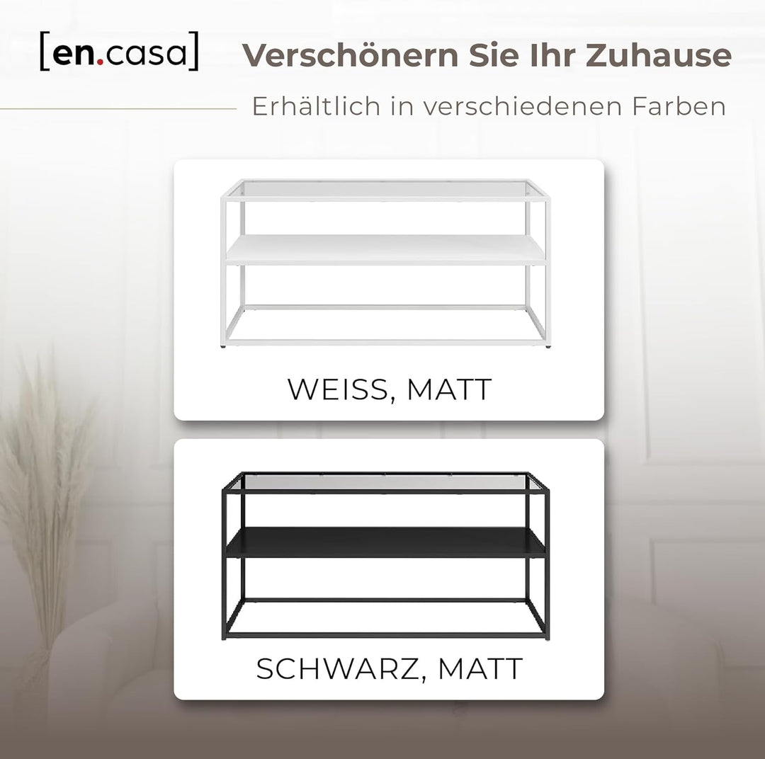 [en.casa] Couchtisch Solund Beistelltisch mit Glasplatte Metall Weiss matt Wohnzimmertisch mit Staur