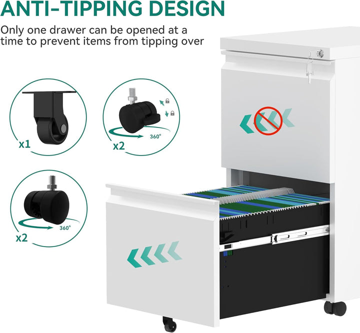 YITAHOME Mobiler Aktenschrank mit 2 abschliessbaren Schubladen, kippsicherer Roll-Aktenschrank mit R