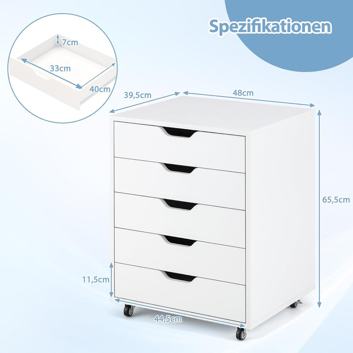 GOPLUS Schubladenschrank mit Rollen, Rollcontainer mit 5 Schubladen, Griffmulden, mobiler Aktenschra
