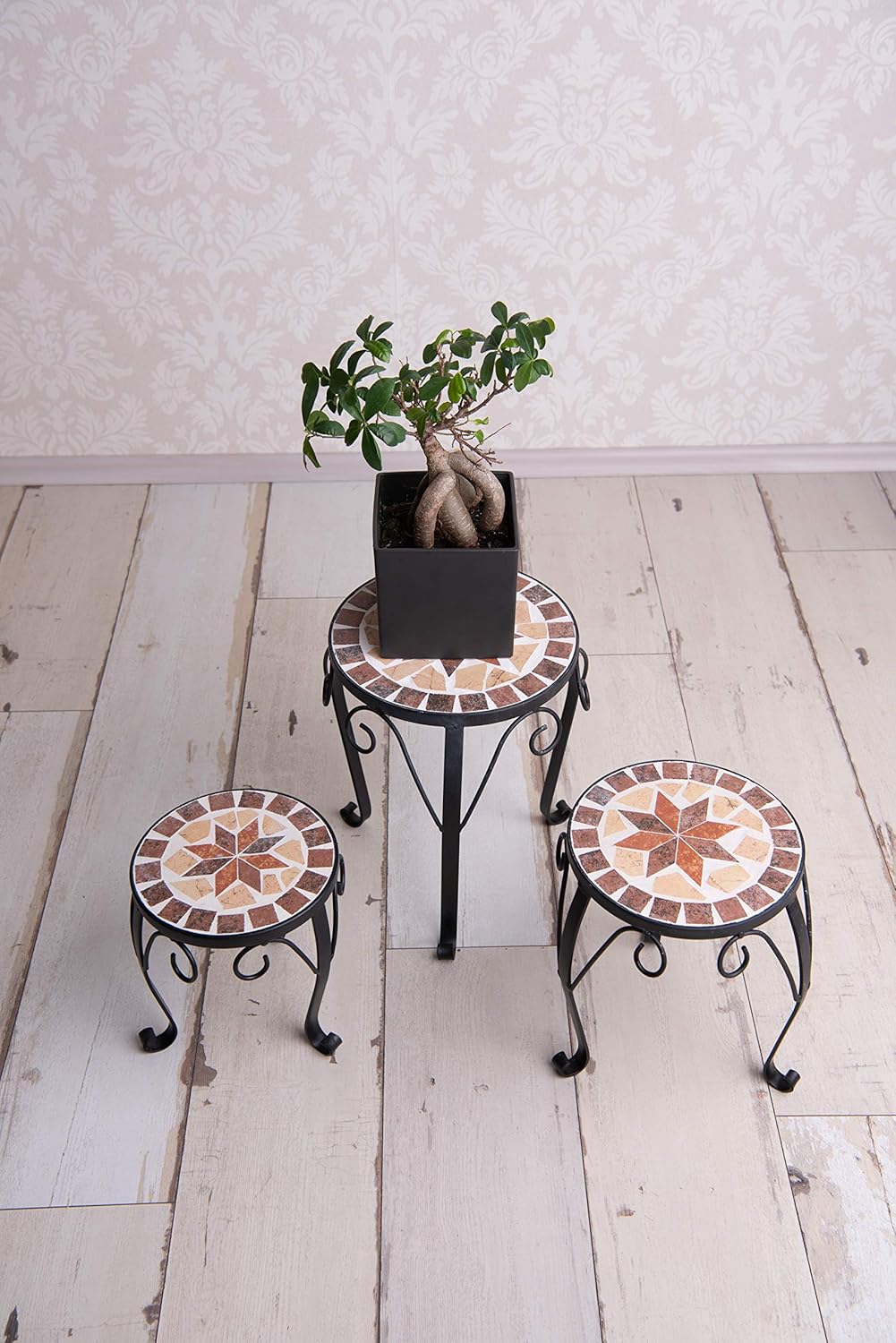 dszapaci Blumenhocker 3er Set Mosaik rund Garten Blumenständer Metall Terrasse Pflanzenständer Keram