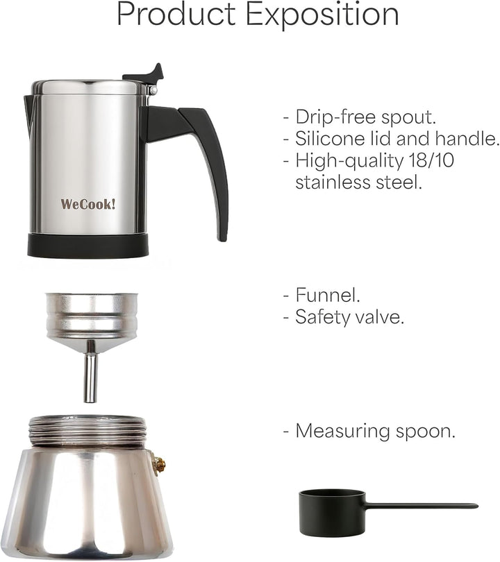 WECOOK! Espressokocher aus Edelstahl 18/10 für Induktion 6 Tassen – Moka/Espresso – ergonomischer So