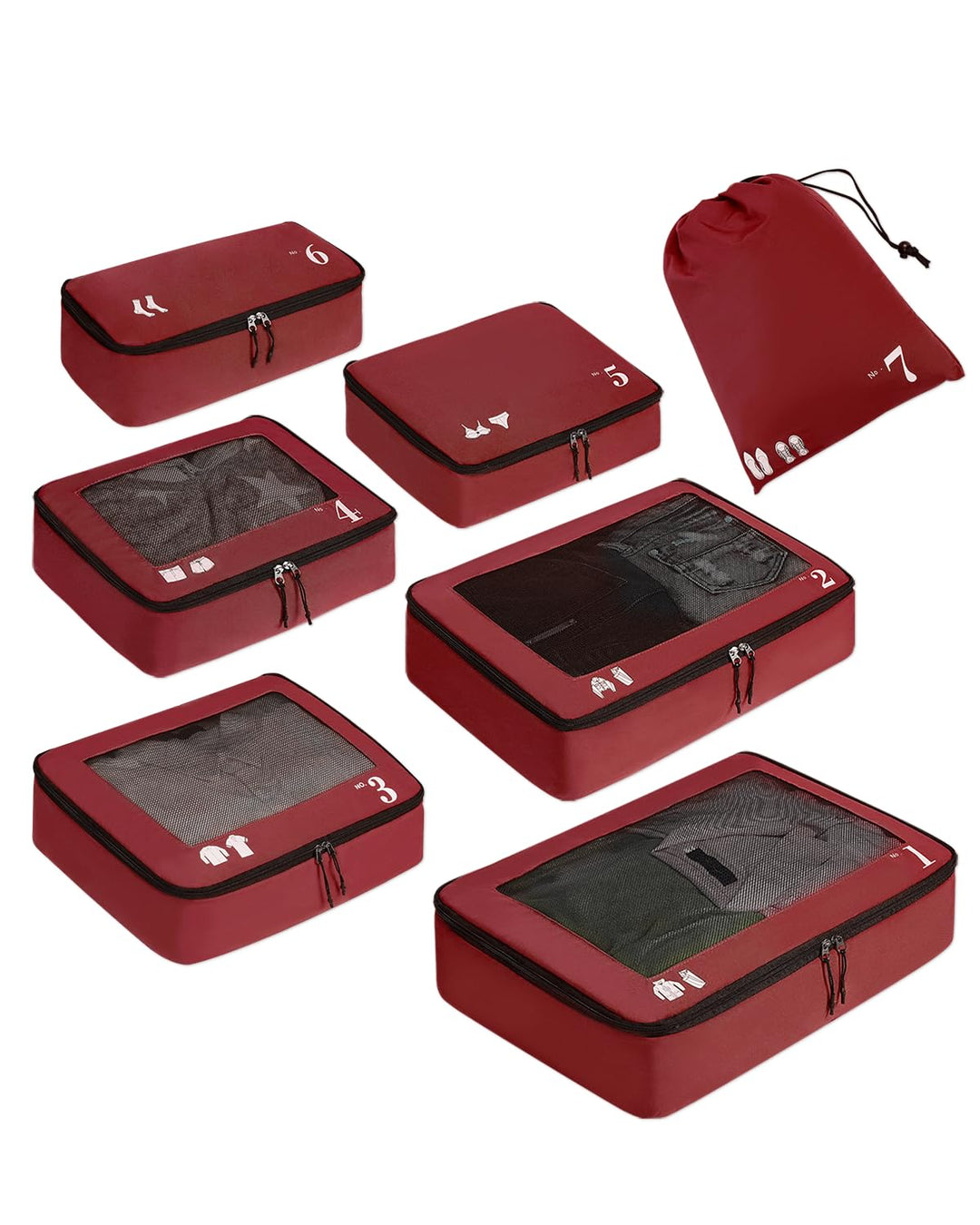 ECOHUB Packwürfel für Koffer, 7 Stück, Reise-Organizer, Verpackungstaschen, recyceltes PET, umweltfr