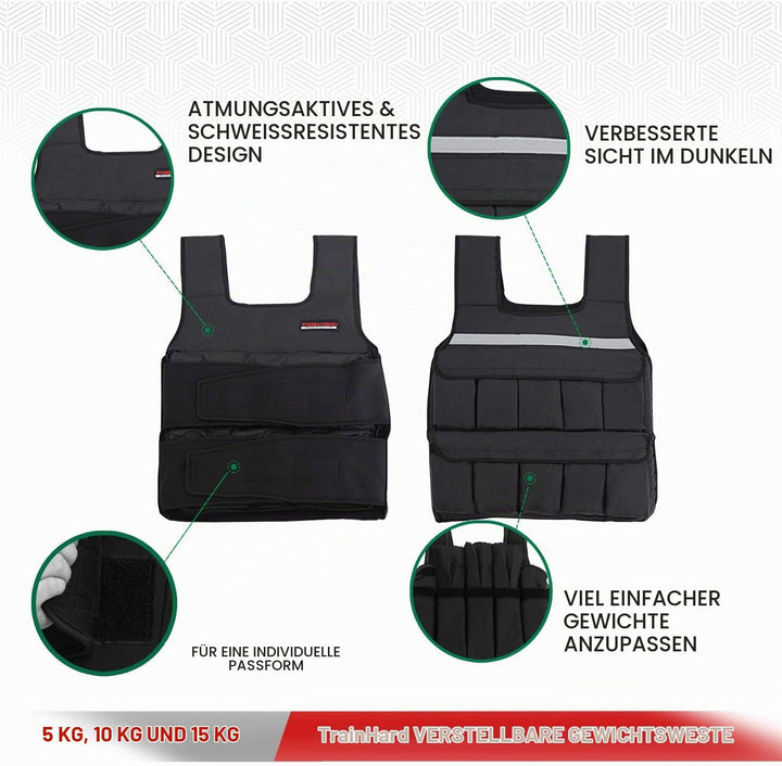 TrainHard 5 kg / 10 kg / 15 kg Verstellbare Gewichtsweste, Trainingsweste für Krafttraining, Laufen,