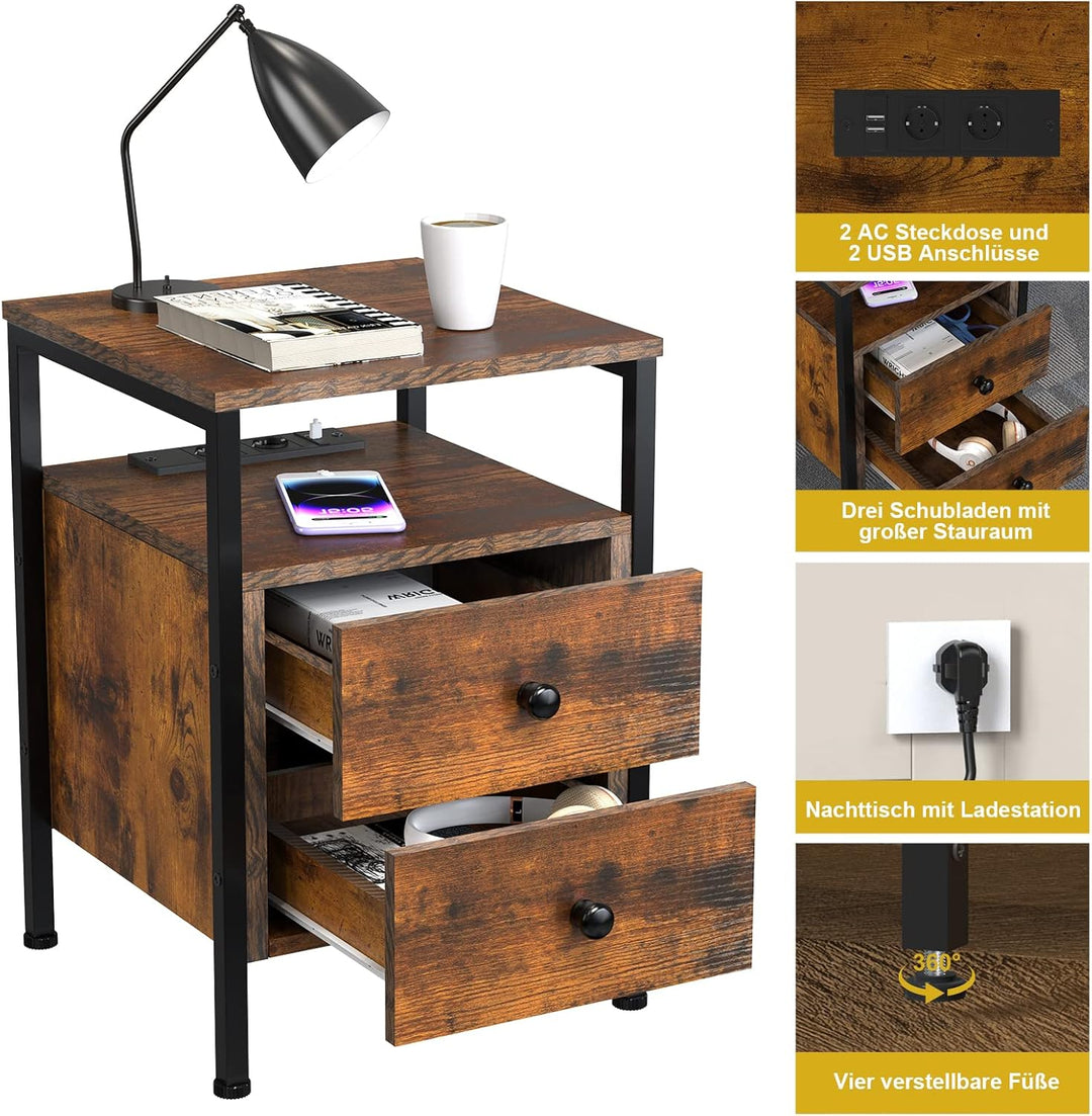 PIPIPOXER Nachttisch mit Steckdose, Nachttisch mit USB Anschlüssen und Steckdosen, Flip Top Beistell