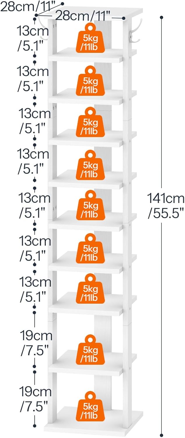 HOOBRO Schuhregal, Standregal, 10-stöckiger Schuhorganisator, schmales Schuhablage, mit Haken, geeig