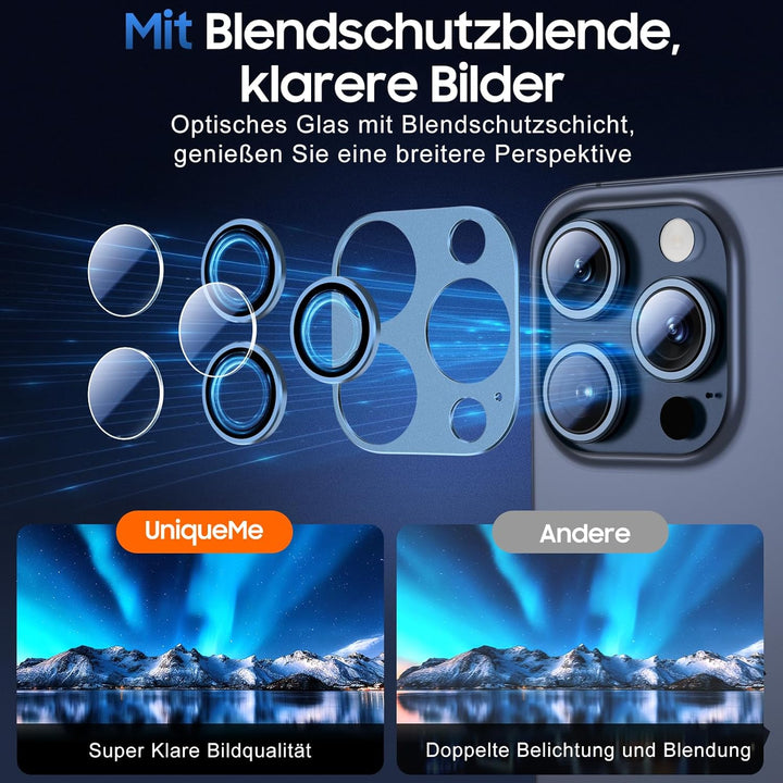 UniqueMe für iPhone 15 Pro/iPhone 15 Pro Max Kameraschutz - [Kratzfest, Stabil] Ultra-Klar 9H Härte