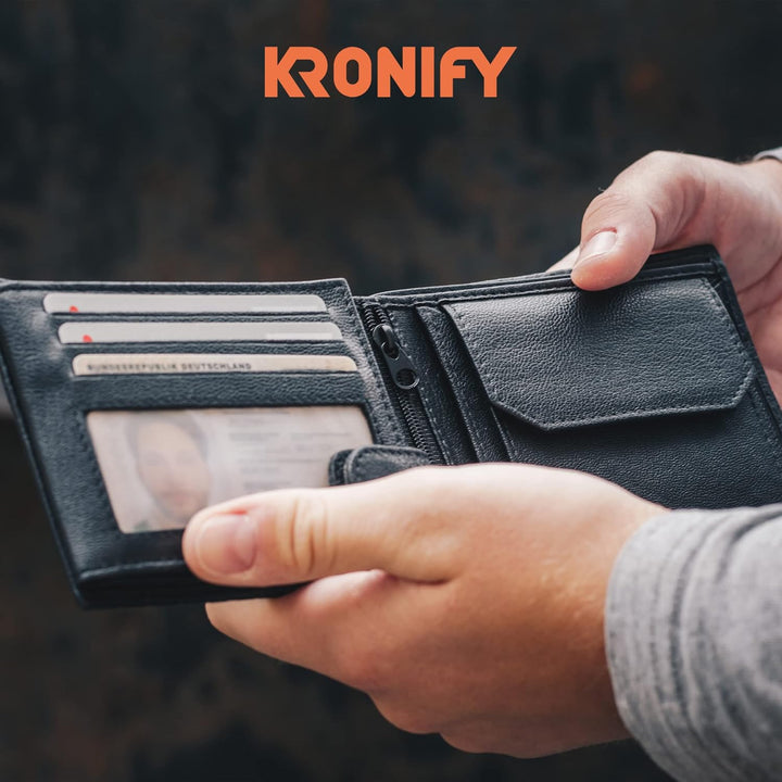 KRONIFY Atlas Herren Geldbeutel aus Leder mit RFID Schutz I Echtleder Portmonee mit Münzfach I Geldb