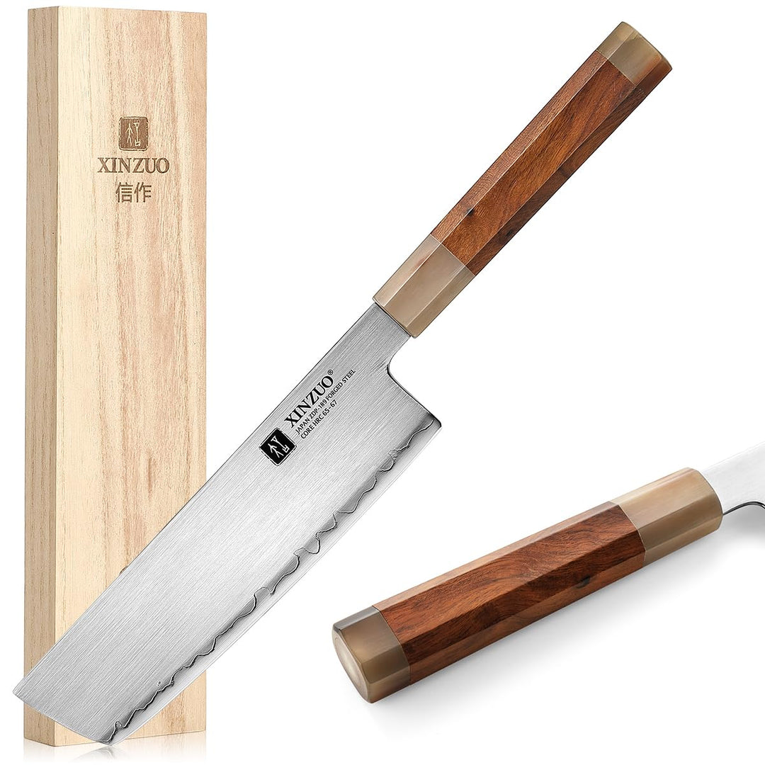 XINZUO Japanischer Stahl Nakirimesser 18.3cm Küchenmesser, Handgeschmiedet Kochmesser Japanischer ZD
